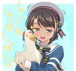  1girl animal aqua_background armband bird black_bow black_bowtie black_panties blue_jacket bow bowtie braid brooch brown_hair clothing_cutout commentary_request cropped_jacket cropped_shirt duck grey_hat grey_shirt hair_ornament hairclip haniwa_(leaf_garden) hat high_collar highres hip_vent holding holding_animal hololive jacket jewelry lace-trimmed_panties lace_trim long_sleeves midriff navel official_alternate_costume official_alternate_hairstyle oozora_subaru oozora_subaru_(suspenders) open_mouth panties panty_peek pinstripe_pattern pinstripe_shirt sailor_hat shirt short_hair side_braid simple_background sleeve_cuffs smile smug solo star_brooch subaru_duck suspenders swept_bangs underwear upper_body virtual_youtuber 