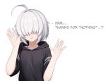  1girl ahoge arc_9_(mikoscrub) black_hoodie commentary english_text grey_hair hair_over_eyes hands_up highres hood hoodie medium_hair mikoscrub motion_lines original smile solo spaghetti_strap upper_body 