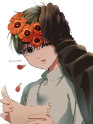  2boys alien_stage birthday black_eyes black_gloves black_hair commentary english_commentary fang flower garena_0592 gloves hand_on_another's_head head_wreath highres holding holding_paper ivan_(alien_stage) male_focus multiple_boys open_mouth paper petals pov red_flower red_petals red_pupils shirt short_hair signature solo_focus till_(alien_stage) uneven_eyes very_short_hair white_shirt 