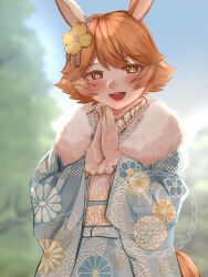  +_+ 1girl animal_ears blue_kimono blue_sky blush clover_hair_ornament ear_covers floral_print floral_print_kimono four-leaf_clover_hair_ornament hair_between_eyes hair_ornament highres horse_ears horse_girl horse_tail japanese_clothes kimono looking_at_viewer matikanefukukitaru_(umamusume) open_mouth orange_hair outdoors own_hands_clasped own_hands_together print_kimono short_hair single_ear_cover sky smile solo tail tree tyanpa89 umamusume 