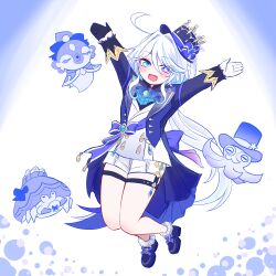  1girl absurdres arms_up ascot blue_eyes blue_hair blue_hat blue_jacket blue_shoes blush breasts brooch commentary_request crab fish full_body furina_(genshin_impact) genshin_impact gentilhomme_usher gloves hat highres jacket jewelry long_hair long_sleeves looking_at_viewer mademoiselle_crabaletta mcpc_zamurai multicolored_hair octopus open_clothes open_jacket open_mouth sash seahorse shirt shoes short_shorts shorts small_breasts smile streaked_hair surintendante_chevalmarin thigh_strap top_hat white_hair white_shirt white_shorts 