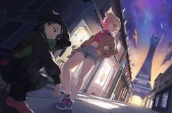 1boy 1girl absurdres black_hair black_hat black_pants blonde_hair blue_eyes blue_shoes breasts brown_jacket building city commentary dusk gradient_hair gradient_sky grey_eyes hat highres holding holding_poke_ball jacket korean_commentary lumiose_city midriff multicolored_hair navel naz_(hsae3838) open_clothes open_jacket outdoors pants paxton_(pokemon) pink_hair poke_ball poke_ball_(basic) pokemon pokemon_legends:_z-a shoes shooting_star short_hair short_shorts shorts sky squatting standing sweater taunie_(pokemon) thighs tower turtleneck turtleneck_sweater two-tone_hair 
