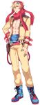  1boy arm_belt belt blonde_hair blue_belt bodysuit boots closed_mouth cross-laced_footwear frown full_body hair_between_eyes katagiri_hachigou lace-up_boots long_sleeves male_focus milotic personification pokemon red_eyes red_scarf scarf short_hair simple_background solo white_background yellow_bodysuit 