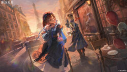  3girls absurdres armor backlighting balloon black_coif black_hat black_pants black_skirt blonde_hair blue_coat blue_neckerchief blue_shirt brick_floor brume_(reverse:1999) car chair chinstrap coat coppelia_(reverse:1999) copyright_name copyright_notice cup different_reflection dutch_angle eiffel_tower european_architecture evening felicienne_(reverse:1999) food frilled_straps green_eyes hat highres holding holding_food lens_flare logo long_skirt looking_to_the_side macaron mechanical_arms medium_hair motor_vehicle multiple_girls neckerchief newsboy_cap off_shoulder official_art orange_sky outdoors pants paris plate prosthesis prosthetic_arm reflection reverse:1999 road saucer shirt shoulder_armor single_bare_shoulder single_mechanical_arm single_off_shoulder skirt sky stone_floor street table tank_top teacup walking white_tank_top window 