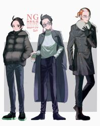  3boys ahoge alternate_costume black_gloves black_hair black_pants black_shoes boots coat coat_on_shoulders commentary_request corbeau_(pokemon) glasses gloves grey_jacket grisham_(pokemon) hand_up hands_in_pockets highres holding hood hood_down hooded_jacket jacket long_sleeves male_focus multicolored_hair multiple_boys pants paxton_(pokemon) pokemon pokemon_legends:_z-a scarf shoes short_hair standing twitter_username two-tone_hair watermark woppero_prpr 