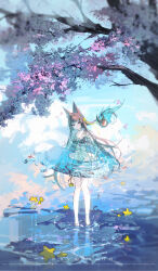  1girl absurdres alternate_costume animal_ears bare_shoulders bikini black_bikini blunt_bangs cherry_blossoms falling_petals fish fox_ears fox_girl full_body highres innertube long_hair looking_at_viewer muyu_bu_huahua petals red_eyes smile solo string_bikini swim_ring swimsuit water zenless_zone_zero 