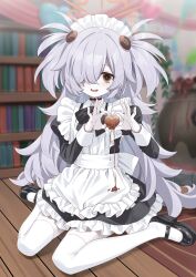  absurdres alternate_costume apron black_dress blue_archive brown_halo candy chocolate dress enmaided eyeball_hair_ornament food frilled_apron frills full_body gatou_illust grey_hair hair_over_one_eye halo heart heart-shaped_chocolate heart-shaped_food heart_hands highres juliet_sleeves kanoe_(blue_archive) long_hair long_sleeves looking_at_viewer maid maid_apron maid_headdress messy_hair multicolored_eyes puffy_sleeves scar scar_on_neck sitting smile two-tone_eyes two_side_up valentine wariza white_apron 