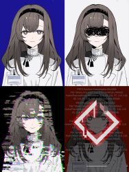  4girls arknights bigrabbitcookie black_background black_hairband blue_background breasts brown_hair censored censored_identity coat commentary error_message glitch hairband hashtag-only_commentary highres id_card medium_breasts multiple_girls multiple_views priestess_(arknights) prts_logo_(arknights) red_background shirt simple_background straight-on upper_body violet_eyes white_background white_coat white_shirt 