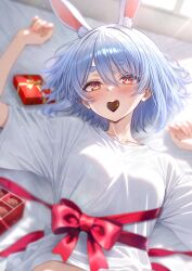  1girl animal_ear_fluff animal_ears bed_sheet blue_hair blush box box_of_chocolates breasts candy chocolate commentary_request extra_ears food food_in_mouth heart heart-shaped_chocolate heart-shaped_food highres hikimayu hololive looking_at_viewer lying medium_breasts mouth_hold nyarurato0debu on_back rabbit-shaped_pupils rabbit_ears rabbit_girl red_eyes red_ribbon ribbon shirt short_eyebrows short_hair solo symbol-shaped_pupils t-shirt thick_eyebrows usada_pekora virtual_youtuber white_shirt 