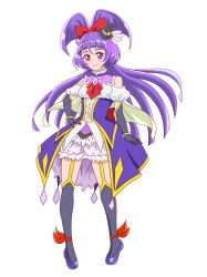  1girl absurdres ankleband ascot back_bow bare_shoulders black_gloves black_hat black_thighhighs bloomers blunt_bangs blunt_ends blush bow bracelet breasts brooch closed_mouth collarbone commentary cure_magical detached_sleeves diamond-shaped_brooch dress elbow_gloves flats frilled_dress frills front_slit full_body garter_straps gloves gold_bracelet hair_bow hand_on_own_hip hat highres impossible_hair izayoi_liko jewelry layered_dress long_hair looking_at_viewer magical_girl mahou_girls_precure! mahou_girls_precure!!_~mirai_days~ medium_breasts mini_hat mini_witch_hat over-kneehighs pigeon-toed precure puffy_detached_sleeves puffy_sleeves purple_bloomers purple_dress purple_hair purple_shoes red_ascot red_bow shoes simple_background sleeveless sleeveless_dress smile solo split_mouth standing thick_eyebrows thigh-highs tilted_headwear underbust user_ktws2273 violet_eyes white_background witch_hat yellow_trim 