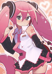  1girl alternate_color bare_shoulders black_skirt black_sleeves blush chocolate collared_shirt commentary contrapposto cowboy_shot detached_sleeves english_commentary food green_eyes hair_between_eyes hair_ornament hatsune_miku heart heart-shaped_pupils heart_hair_ornament highres holding holding_behind_back holding_chocolate holding_food long_hair long_sleeves looking_at_viewer necktie number_tattoo o3o outline pink_hair pink_necktie pleated_skirt sawtowne shirt shoulder_tattoo skirt sleeveless sleeveless_shirt solo sparkle symbol-shaped_pupils tattoo tie_clip twintails valentine very_long_hair vocaloid white_outline white_shirt wing_collar 