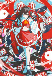  1girl ascot bare_shoulders black_gloves black_hair black_shoes bow closed_mouth commentary_request detached_sleeves fingerless_gloves frilled_bow frilled_skirt frills full_body fylinchi5945 gloves gohei hair_bow hair_tubes hakurei_reimu highres holding holding_gohei long_hair looking_at_viewer midriff navel nontraditional_miko ofuda orb red_bow red_eyes red_skirt ribbon-trimmed_sleeves ribbon_trim shirt shoes skirt sleeveless sleeveless_shirt smile solo standing torii touhou wide_sleeves yellow_ascot yin_yang 