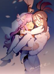  2girls bead_bracelet beads blunt_bangs bouquet bracelet brown_hair carrying dendra_(pokemon) highres holding holding_bouquet jacket jewelry kui_kui_jiang long_hair multiple_girls open_mouth orange_eyes pink_hair pokemon pokemon_sv princess_carry tulip_(pokemon) veil white_jacket wife_and_wife yuri 