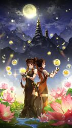  2girls absurdres armband back-to-back black_dress black_thighhighs breasts brown_eyes brown_hair china_dress chinese_clothes cupping_hands double_bun dress dual_persona dungeon_and_fighter eyebrows_hidden_by_hair falling_petals female_fighter_(dungeon_and_fighter) female_nen_master_(dungeon_and_fighter) female_striker_(dungeon_and_fighter) flower full_moon gloves glowing_flower hair_between_eyes hair_bun hair_ornament hair_stick hands_up highres long_hair lotus medium_breasts milcona moon mountain mountainous_horizon multiple_girls night own_hands_together parted_lips petals ponytail sideboob sky sleeveless spire star_(sky) starry_sky tassel thigh-highs wading water water_drop white_gloves 
