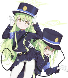  2girls absurdres armband black_tail blue_archive blue_armband blue_hat blue_jacket blue_skirt blush ceeds clothes_grab commentary contrapposto demon_tail earrings gloves green_hair halo hat highres hikari_(blue_archive) jacket jewelry long_hair long_sleeves looking_at_viewer multiple_girls nozomi_(blue_archive) open_mouth pantyhose parted_lips pointy_ears rabbit_pose siblings sidelocks sisters skirt skirt_grab standing tail twins upper_body white_background white_gloves white_pantyhose yellow_eyes 