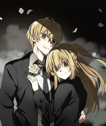  1boy 1girl black_jacket blonde_hair brother_and_sister commentary_request flower highres hoshino_aquamarine hoshino_ruby jacket long_hair nyoro_(nyoronyoro000) oshi_no_ko parted_lips petals rose shirt short_hair siblings smirk star-shaped_pupils star_(symbol) symbol-shaped_pupils twins upper_body white_flower white_petals white_rose white_shirt yellow_eyes 