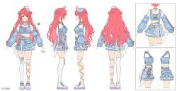  1girl absurdres ahoge blue_choker blue_hat blue_sleeves bow choker commentary_request copyright_notice cropped_shirt cross-laced_clothes cross-laced_skirt cross-laced_sleeves detached_sleeves double_bun earrings frilled_skirt frills full_body green_eyes hair_bun hair_ornament hairclip hat highres hololive jewelry long_hair midriff mini_hat miniskirt mochipuyo_(canvas_mochi) multiple_views necklace official_alternate_costume official_alternate_hairstyle official_art pink_hair reference_sheet sakura_miko sakura_miko_(11th_costume) shirt shoes side_up_bun simple_background single_off_shoulder single_thighhigh skirt sneakers thigh-highs tilted_headwear turnaround virtual_youtuber waist_bow white_background white_shirt white_shoes white_skirt x_hair_ornament 