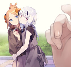  2girls abigail_williams_(fate) abigail_williams_(traveling_outfit)_(fate) absurdres alternate_costume black_bow black_shirt blonde_hair blue_eyes blush bow breasts candy chocolate chocolate_bar commentary_request daisi_gi fate/grand_order fate_(series) food forehead grey_overalls grey_skirt hair_bow hair_bun highres hooded_shirt horns hug lavinia_whateley_(fate) long_hair long_sleeves multiple_girls orange_bow overalls parted_bangs pointing pointing_at_self pov shirt short_sleeves single_horn skirt small_breasts violet_eyes white_hair wide-eyed 