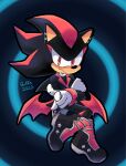  1boy 2023 alternate_costume black_footwear blue_background crossed_arms ear_piercing fake_wings full_body furry furry_male gloves highres looking_at_viewer male_focus piercing quark196 red_eyes shadow_the_hedgehog signature solo sonic_(series) white_gloves wings 