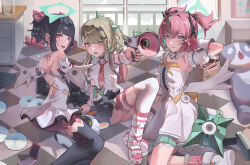  3girls absurdres ada53 angels_of_delusion aqua_streaks aria_(zenless_zone_zero) arm_warmers bandaid bandaid_hair_ornament bangboo_(zenless_zone_zero) bare_back bare_shoulders black_choker black_hair black_skirt black_thighhighs blue_hair bow choker collared_shirt colored_inner_hair crossed_bangs dress earrings eous_(zenless_zone_zero) fur-trimmed_skirt fur-trimmed_sleeves fur_trim gloves green_bow green_hair green_halo hair_between_eyes hair_ornament halo highres holding holding_megaphone jewelry leg_warmers looking_at_viewer megaphone multicolored_hair multicolored_leg_warmers multiple_girls multiple_thigh_straps musical_note_earrings nangong_yu necktie pink_arm_warmers pink_bag pink_gloves pink_hair pink_leg_warmers red_eyes red_necktie scar scar_on_back shirt sitting skirt streaked_hair striped_arm_warmers striped_leg_warmers sunna_(zenless_zone_zero) thigh-highs thigh_strap v v_over_eye white_dress white_shirt white_wings wings y2k_fashion zenless_zone_zero 