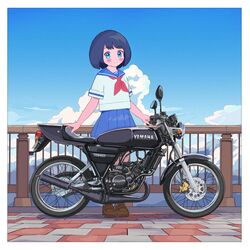  1girl aqua_eyes black_hair blue_sailor_collar blue_skirt blush brown_footwear clouds cloudy_sky fence highres loafers looking_at_viewer motor_vehicle motorcycle neckerchief original outdoors pleated_skirt red_neckerchief sailor_collar scenery school_uniform shirt shoes short_hair skirt sky solo standing vehicle_focus wakamizu white_shirt yamaha_rz50 