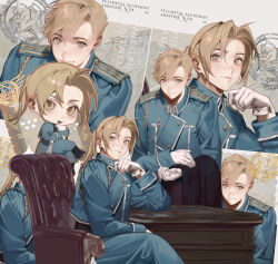  2boys absurdres ahoge alphonse_elric amestris_military_uniform blonde_hair blue_jacket blue_pants brothers cbow chibi chibi_inset closed_mouth commentary_request curtained_hair edward_elric fullmetal_alchemist gloves highres jacket looking_at_viewer male_focus multiple_boys multiple_views pants ponytail short_hair siblings sitting smile standing white_gloves 