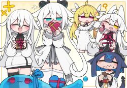 4girls :d :t ;d ? black_dress black_shorts black_thighhighs blonde_hair blue_hair blush box candy chocolate chocolate_bar closed_eyes closed_mouth coat commentary_request cowboy_shot double-parted_bangs dress eating fang flying_sweatdrops food food_on_face grey_skirt hair_between_eyes heart-shaped_box holding holding_box holding_chocolate holding_food horns jacket kisaragi_kaya long_hair long_sleeves multiple_girls multiple_views nose_blush off-shoulder_dress off_shoulder one_eye_closed open_mouth original red_eyes short_hair shorts single_thighhigh skin_fang skirt sleeveless sleeveless_dress slime_(creature) smile thigh-highs valentine white_coat white_dress white_hair white_jacket white_thighhighs yellow_eyes zettai_ryouiki 