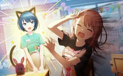  >_< 2girls :d animal_ears animal_print aqua_shirt arm_up aura black_shirt blue_eyes blue_hair braid braided_bangs breasts brown_hair bunting cat_ears cat_print cat_tail chair classroom closed_eyes clothes_writing coffee colorful_palette d: dx english_text fake_animal_ears fake_tail food_print game_cg hanasato_minori hand_up highres holding holding_tray kiritani_haruka light_blush looking_at_another multiple_girls official_art orange_ribbon project_sekai ribbon sheep_print shirt short_hair short_sleeves small_breasts smile sparkle sparkling_aura standing stuffed_animal stuffed_elephant stuffed_penguin stuffed_rabbit stuffed_toy sweatdrop table tail teddy_bear third-party_source tray two-tone_ribbon upper_body white_ribbon zekkyou!?_ookami_no_mori_e_youkoso!_(project_sekai) 