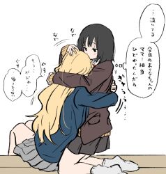  2girls black_hair blazer blonde_hair blue_jacket blush brown_jacket brown_skirt grey_skirt hand_on_another's_head hug jacket kirarazaka_marina kuze_shizuka long_hair medium_hair multiple_girls pottode school_uniform simple_background skirt socks speech_bubble takopii_no_genzai thought_bubble translation_request white_background white_socks yuri 