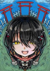  1boy black_coat black_hair blue_sky blush coat earrings fence fisheye foreshortening from_above full_body grass hair_between_eyes hashtag-only_commentary highres hoop_earrings jewelry l3memc358 looking_at_viewer male_focus mashiro_meme mashiro_meme_(1st_costume) multiple_torii nijisanji open_clothes open_coat open_mouth outdoors picket_fence red_scarf safety_pin_hair_ornament scarf short_hair sky smile solo standing torii two_side_up virtual_youtuber wooden_fence yellow_eyes 