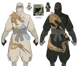  absurdres alternate_skin_color bagandzi black_gloves black_robe blue_eyes brown_eyes clenched_hands cole_(ninjago) colored_skin dark-skinned_male dark_skin english_commentary gloves grey_gloves grey_skin highres lego_minifig mask mouth_mask ninja ninjago reference_inset robe screenshot_inset the_lego_group v-shaped_eyebrows white_robe zane_(ninjago) 
