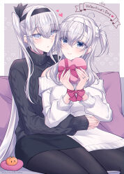 2girls alternate_costume black_pantyhose black_skirt black_sweater commentary_request couch cowboy_shot dress eye_contact fuyutsuki_(kancolle) grey_eyes grey_hair highres kabocha_torute kantai_collection looking_at_another multiple_girls off-shoulder_sweater off_shoulder one_side_up pantyhose pencil_skirt sitting skirt suzutsuki_(kancolle) sweater sweater_dress valentine white_dress white_sweater yuri 