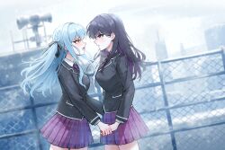  2girls bang_dream! bang_dream!_it's_mygo!!!!! black_hair black_jacket black_ribbon blush breasts chinese_commentary commentary_request fence hair_ribbon haneoka_school_uniform highres holding_hands jacket large_breasts long_hair mole mole_under_eye multiple_girls necktie open_mouth plaid_clothes plaid_skirt pleated_skirt purple_necktie ribbon school_uniform shiina_taki sidelocks skirt togawa_sakiko two_side_up unique_(pixiv12704744) violet_eyes yellow_eyes yuri 