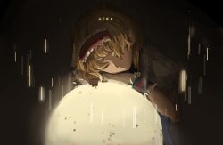  1girl alice_margatroid arm_rest blonde_hair blue_wrist_cuffs closed_eyes closed_mouth commentary_request english_text frilled_hairband frilled_wrist_cuffs frills glowing hairband head_rest highres medium_hair nail_polish orb puffy_short_sleeves puffy_sleeves red_hairband red_nails short_sleeves solo star_(symbol) touhou upper_body wb_yimo wrist_cuffs 