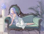  1girl bare_shoulders barefoot blue_flower blue_hair cic_tatsumi commentary_request couch dress earrings elf expressionless flower frieren full_body green_eyes hair_between_eyes highres indoors jewelry long_hair looking_at_viewer on_couch parted_bangs plant pointy_ears potted_plant solo sousou_no_frieren vase very_long_hair white_dress wooden_floor 
