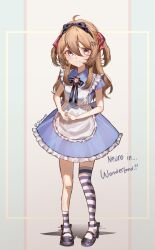  1girl ahoge alice_(alice_in_wonderland) alice_(alice_in_wonderland)_(cosplay) apron asymmetrical_legwear bandaid bandaid_on_knee bandaid_on_leg black_bow black_shoes blue_bow blue_bowtie blue_dress blue_eyes bow bowtie brown_hair closed_mouth collared_dress commentary cosplay dress full_body hair_between_eyes hair_bow hair_ornament hair_ribbon heart heart_hair_ornament highres long_hair looking_at_viewer neuro-sama red_ribbon ribbon shaieq0 shoes short_sleeves single_sock single_thighhigh smile socks solo striped_clothes striped_socks striped_thighhighs thigh-highs twitter_username two_side_up uneven_legwear untranslatable_commentary vedal_ai virtual_youtuber white_apron 