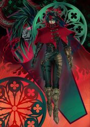  1boy armored_boots belt belt_buckle black_gloves black_hair black_pants boots buckle cape clawed_gauntlets cloak closed_mouth coffin english_commentary final_fantasy final_fantasy_vii final_fantasy_vii_rebirth final_fantasy_vii_remake full_body gauntlets gloves headband highres long_hair looking_at_viewer male_focus multiple_belts multiple_views pants popcorncomet red_cape red_cloak red_eyes red_headband single_gauntlet single_glove spiky_hair straight-on transformation vincent_valentine 