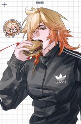  1boy absurdres adidas black_jacket blonde_hair braid chinese_commentary commentary_request facial_tattoo gradient_hair grid_background highres honkai:_star_rail honkai_(series) jacket kireiii male_focus medium_hair multicolored_hair mydei_(honkai:_star_rail) neck_tattoo red_hair red_tattoo side_braid solo tattoo track_jacket yellow_eyes 