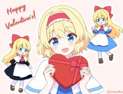  3girls alice_margatroid ascot black_dress blonde_hair blue_dress blue_eyes blush bnelsey bow capelet commentary dress english_commentary frilled_hairband frills grimoire_of_alice hair_between_eyes hair_bow hairband happy_valentine hourai_doll lolita_hairband long_hair long_sleeves looking_at_viewer medium_hair multiple_girls open_mouth paid_reward_available red_ascot red_bow red_hairband shanghai_doll smile touhou very_long_hair white_capelet 