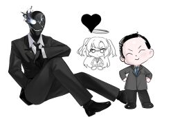  1girl 2boys black_necktie black_pants black_shoes black_skin black_suit black_suit_(blue_archive) blue_archive blue_necktie business_suit colored_skin cracked_skin dokomon glowing glowing_eye halo heart highres long_hair multiple_boys necktie pants sensei_(blue_archive) shoes suit two_side_up very_long_hair yuuka_(blue_archive) 