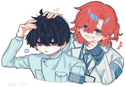  +++ 2boys anger_vein annoyed armband black_hair blue_armband blue_eyes blue_jacket blue_sweater grin hand_on_another's_head hand_on_own_head headpat hyoutenka_30-do_no_zetsubou jacket kuchinashi_dabi lapels looking_at_another male_focus medium_hair multiple_boys one_side_up red_hair sharp_teeth simple_background smile su_(user_vrvx3458) suit_jacket sweater teeth tonimura_yui white_background white_jacket 