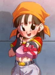  1girl bandana black_eyes black_gloves black_hair blush box chain collarbone commentary_request crop_top dragon_ball dragon_ball_gt fingerless_gloves gift gloves headscarf heart-shaped_box holding holding_gift midriff orange_bandana orange_headscarf pan_(dragon_ball) red_shirt rom_(20) saiyan shirt short_hair valentine 