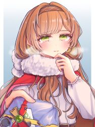  brown_hair brown_hairband coat coat_on_shoulders collared_shirt commentary_request dress_shirt gift green_eyes hairband helena_(kancolle) helena_(valentine)_(kancolle) highres kantai_collection long_hair nagi_kantai114 presenting red_coat scarf shirt swept_bangs upper_body white_scarf white_shirt 