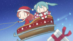  2girls :d alternate_costume aqua_hair bare_arms blurry blush_stickers box capelet christmas christmas_present closed_mouth commentary_request deformed depth_of_field dress floating_hair flying fur-trimmed_capelet fur-trimmed_mittens fur_trim gift gift_box green_capelet green_mittens hat hatsune_miku holding holding_gift long_hair looking_at_viewer looking_to_the_side mittens multiple_girls night no_nose open_mouth outdoors pom_pom_(clothes) red_dress red_hair red_mittens santa_costume santa_dress santa_hat sf-a2_miki sky sleeveless sleeveless_dress sleigh smile sparkle star_(sky) starry_sky torla16 twintails vocaloid |_| 
