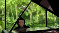  1boy bird black_hair black_necktie closed_eyes closed_mouth commentary hattori_(one_piece) instrument music necktie one_piece outdoors piano pigeon playing_instrument playing_piano reflection rob_lucci sutaneko twitter_username untranslatable_commentary 