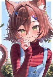  1girl :3 absurdres animal_ear_fluff animal_ears blush bow brown_hair by_mirin cat_ears cat_girl cat_tail closed_mouth green_eyes hair_between_eyes hair_ornament highres leaf long_sleeves looking_at_viewer original overalls red_shirt shirt short_hair sleeves_past_wrists smile solo striped_clothes striped_shirt tail tail_ornament triangle_hair_ornament upper_body 