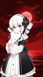  1girl animal black_dress black_flower bow clouds cloudy_sky commentary_request covered_mouth cowboy_shot crescent_moon dress drill_hair empty_eyes flower frilled_sleeves frills full_moon gem ghost hair_between_eyes hair_flower hair_ornament hairband highres holding holding_animal long_hair long_sleeves looking_at_viewer mark_under_eye moon night outdoors pout puffy_cheeks puffy_sleeves red_background red_eyes red_moon red_sky shaded_face short_sleeves shout_lines sky solo standing tlipoca twin_drills twintails wading white_dress white_hair wide_sleeves yog-sothoth's_yard 