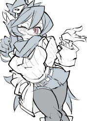  1girl alternate_costume belt breasts coat cowboy_shot cxdotchison dripping dripping_eye filia_(skullgirls) highres limited_palette long_hair medium_breasts narrow_waist one_eye_closed pantyhose samson_(skullgirls) scarf skirt skullgirls sweater tears tears_from_one_eye very_long_hair 