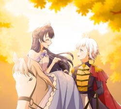  2girls absurdres armpit_crease autumn bare_shoulders black_hair blue_dress braid cho_toutoi_love collarbone commentary crown dollchestra dress facing_another half_up_braid highres horseback_riding kujo_awenn link!_like!_love_live! long_hair looking_at_another love_live! mini_crown multicolored_hair multiple_girls murano_sayaka off-shoulder_dress off_shoulder open_mouth outdoors prince princess profile red_streaks riding short_hair sideways_mouth sky smile streaked_hair tiara virtual_youtuber white_hair white_horse white_sky yugiri_tsuzuri 
