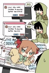  1boy 1girl absurdres ahoge black_hair blush_stickers bow bowtie brown_hair capelet cardigan commentary cookie cursor english_commentary english_text food from_side green_bow green_bowtie green_capelet green_hoodie hair_between_eyes hair_ornament hair_ribbon heart heart_hair_ornament highres hood hoodie index_finger_raised long_hair long_sleeves monitor neuro-sama open_mouth owo_uou red_ribbon ribbon short_hair solid_eyes speech_bubble through_medium through_screen two_side_up vedal987 vedal_ai yellow_cardigan 